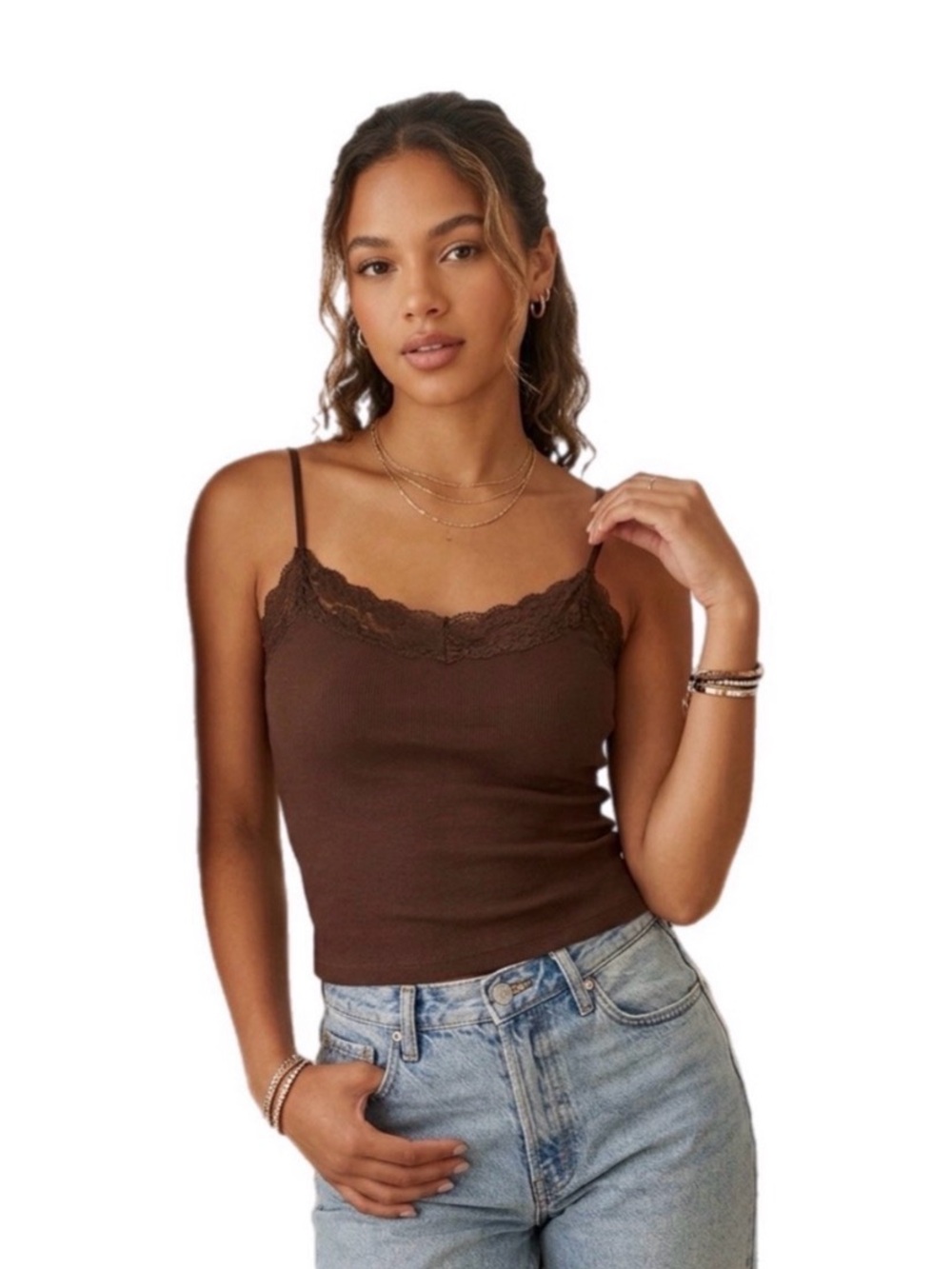 L Dazy Ribbed Lace-Trim Cami Sleeveless Tank Top Casual Streetwear Sleepwear